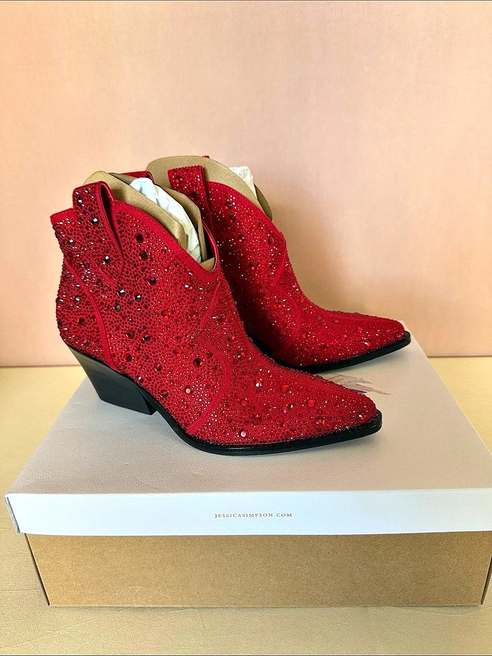 Jessica Simpson Zadie Rhinestone Western Ankle Boots in Wicked Red US 8M NWT